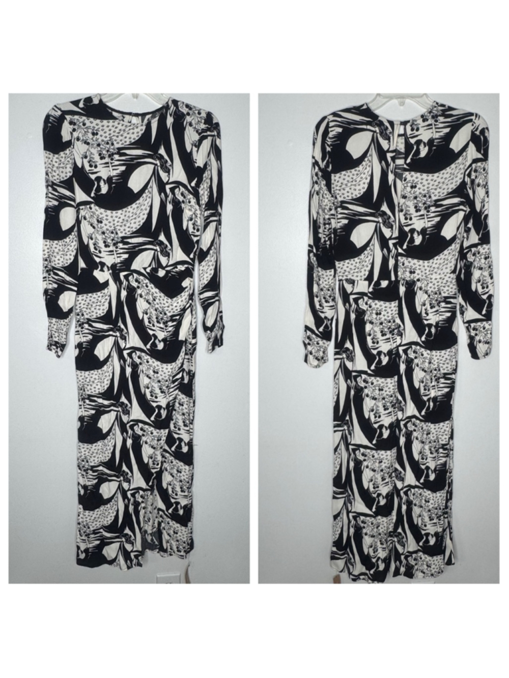 Reformation Celeste Dress Black Cream Abstract Print Long Sleeve Maxi Dress 4 - Picture 2 of 10